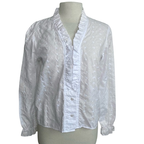 Vintage 80s white floral eyelet ruffle collar top M / L - Picture 1 of 10